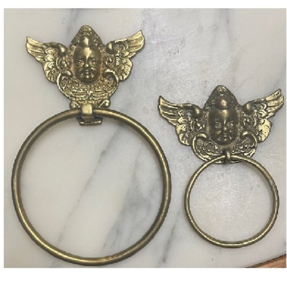 Vintage Solid Brass Cherub Towel Rings, a Pair